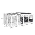 White small animal hutch with wire panels, divided sections, and flat black roof cover