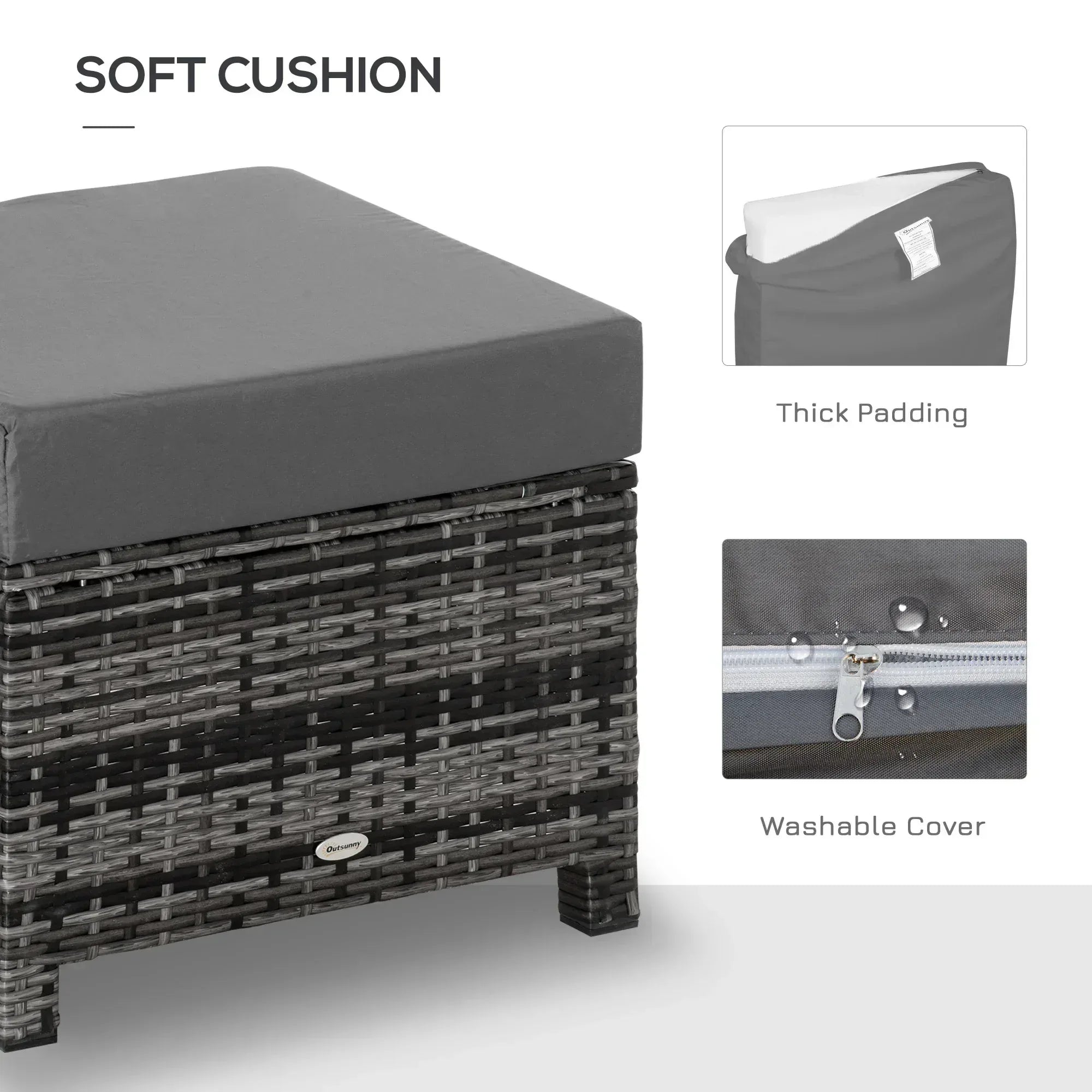 Rattan Footstool Wicker Ottoman with Padded Seat Cushion Outdoor Patio Furniture for Garden Poolside Living Room, 50 x 50 x 35 cm, Grey - Bobobiy