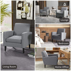Grey upholstered accent chair with armrests and dark wooden legs
