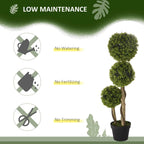 Artificial boxwood ball topiary tree set with three green spheres, black planter pot