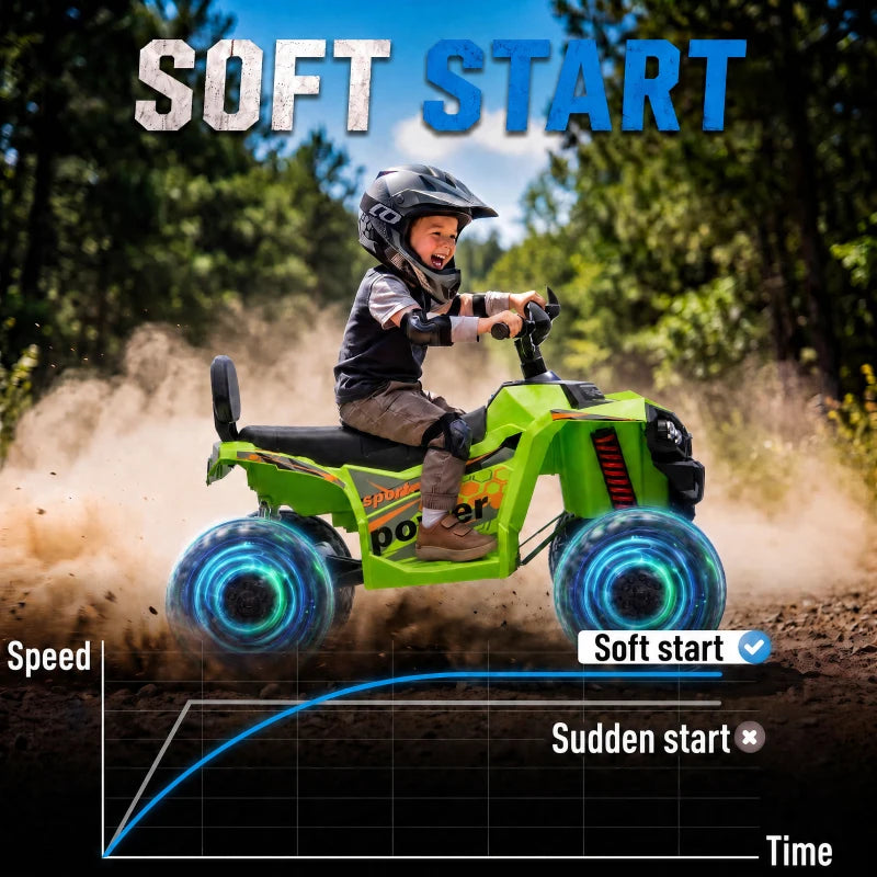 Green kids electric quad bike with front headlight and steering on rugged ground