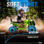 Green kids electric quad bike with front headlight and steering on rugged ground