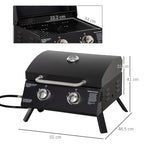 Black 2-burner tabletop gas grill with lid and thermometer; front burner controls