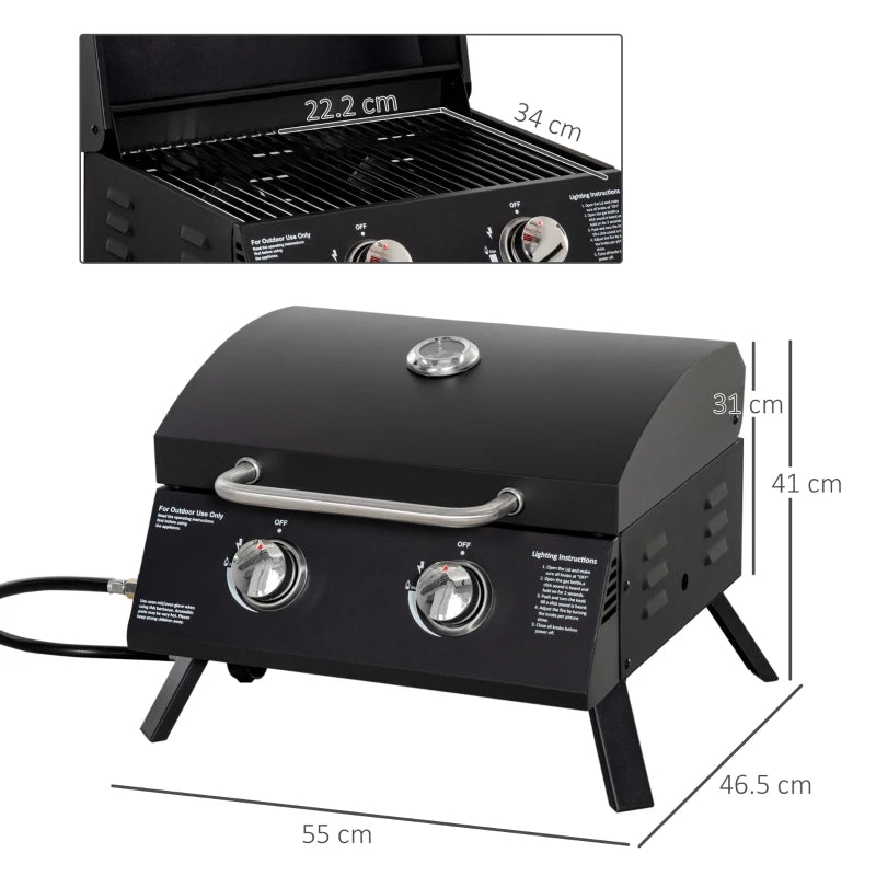 Black 2-burner tabletop gas grill with lid and thermometer; front burner controls
