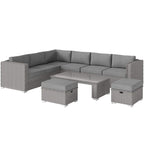 Grey PE rattan corner sofa set with padded cushions, glass-top coffee table, and ottomans
