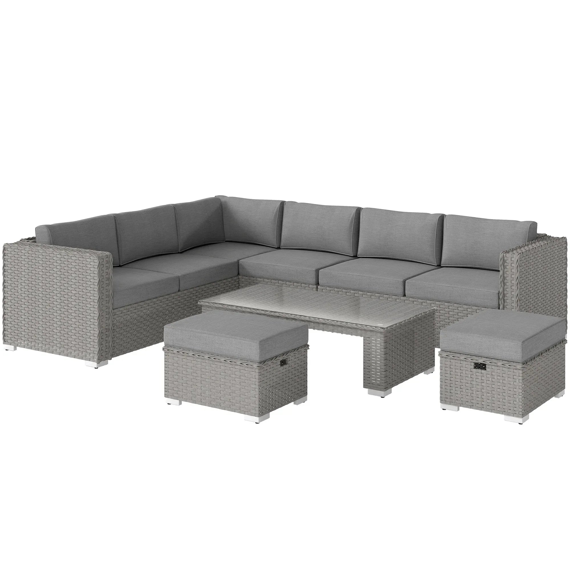 6 Pieces Outdoor PE Rattan Wicker Corner Sofa Set with 10cm Thick Padded Cushions, Aluminium Conservatory Furniture with Glass Top Coffee Table, Footstools, Grey - Bobobiy