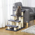 Grey 4-step pet stairs with sisal posts, cat climbing on top platform