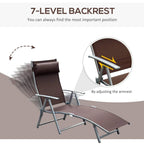 Brown folding outdoor chaise lounge chair with headrest and armrest adjustment detail