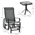 Black outdoor gliding chair with mesh back and glass-top side table size diagram