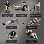 Foldable ab crunch trainer demonstrating multiple exercises on the round padded base.