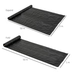 Black weed control ground fabric roll shown expanded and folded, nonwoven barrier sheet