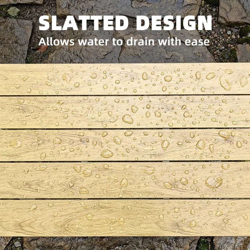 Slatted wood-toned outdoor tabletop with water-drain grooves