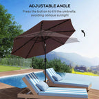 Brown adjustable-tilt LED patio umbrella with push-button tilt for sun angles