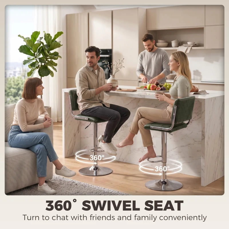 Green PU leather swivel bar stools with backrests, chrome pedestal bases