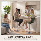 Green PU leather swivel bar stools with backrests, chrome pedestal bases