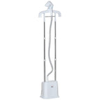 White upright garment steamer with hanging nozzle and flexible steam hose on base