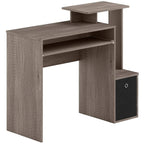 Grey computer desk with open shelf, sliding keyboard tray, and side storage drawer