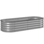 Silver galvanized metal raised garden bed with slatted sides and rounded top edge