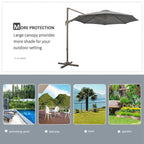 Dark grey cantilever umbrella with extended canopy on freestanding base for outdoor shade