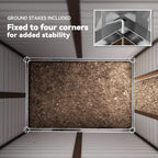 Metal shed interior base with corner frame and ground stakes for added stability