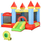 Kids inflatable bounce castle with slide, pool, and blower blower unit, multi-color