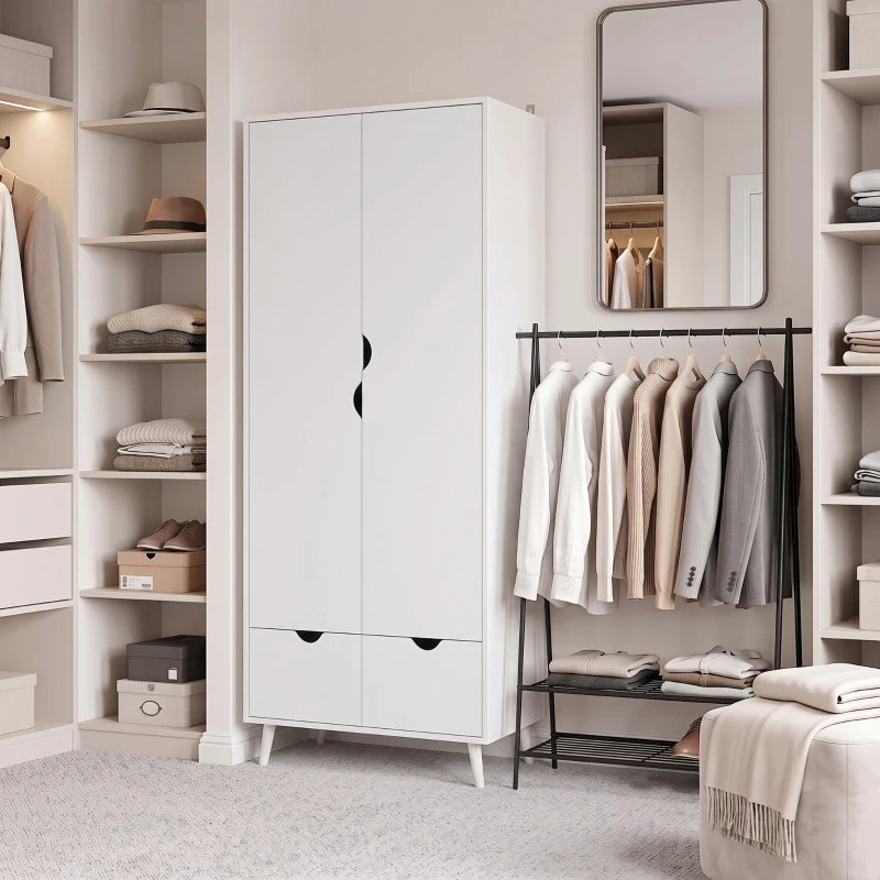 White wardrobe with open double doors, hanging rail, and two pull-out drawers.