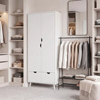 White wardrobe with open double doors, hanging rail, and two pull-out drawers.