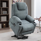 Charcoal gray lift-and-recline massage armchair with side controls and dual cup holders