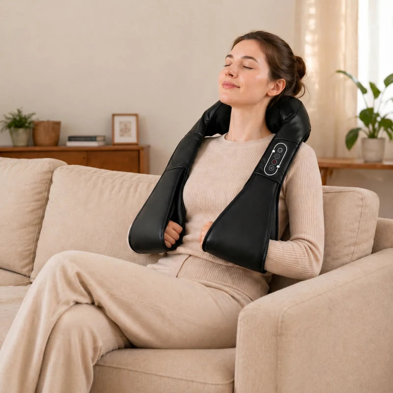 Black neck and shoulder massager wrap with side controller, worn on a seated woman