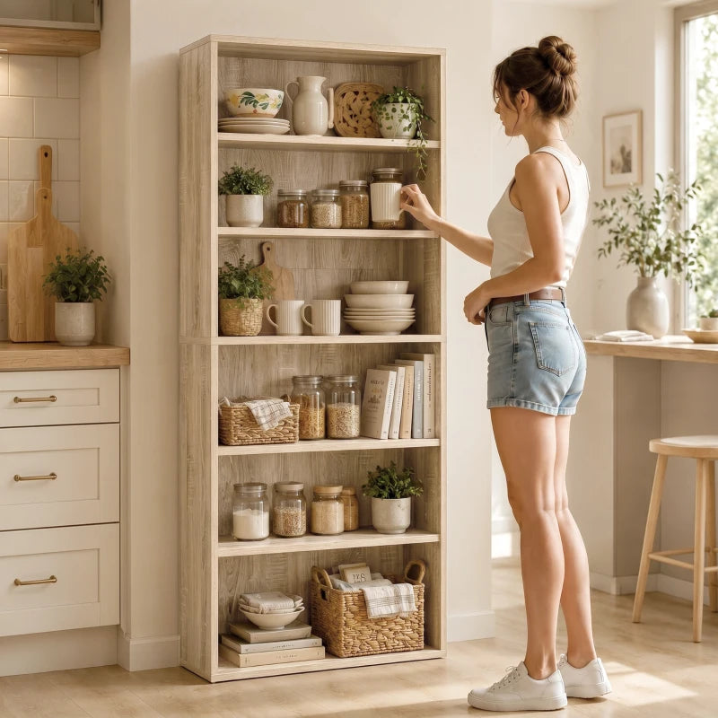 Oak wood effect tall bookcase with open shelves holding books, jars, and plants