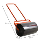 Red steel lawn roller with black drum, 58 cm long and 50 cm wide