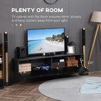 TV cabinet with flip-style doors open, revealing glossy black interior storage