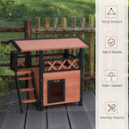 Outdoor cat house with balcony stairs and front door; dark frame with brown wooden walls