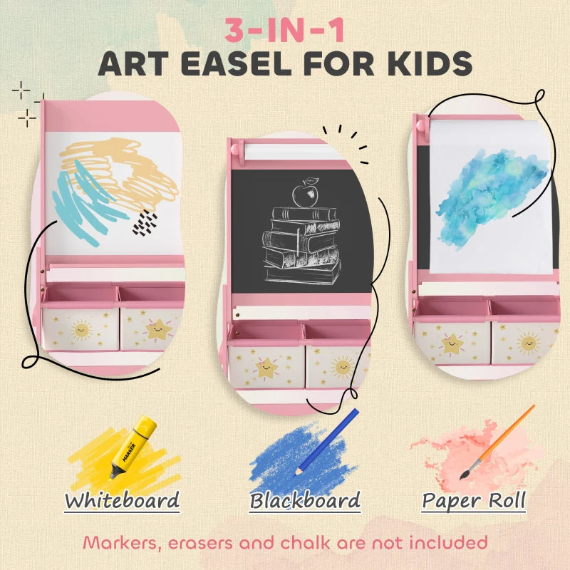 Pink kids art easel with double-sided boards: whiteboard, chalkboard, and paper roll
