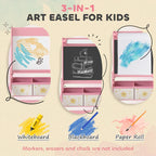 Pink kids art easel with double-sided boards: whiteboard, chalkboard, and paper roll