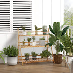 Natural bamboo 3-tier plant shelf holding potted plants with slatted wood platforms