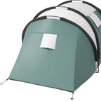 Dark green tent body with white end panels and curved black support poles