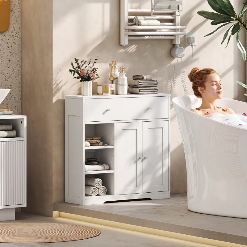 White bathroom floor cabinet with top drawer and double doors over open shelving