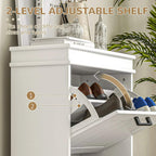 White adjustable 2-level shoe cabinet interior with flip drawers and shoe compartments