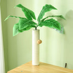 Tall cat scratching post with leaf top and hanging ball over oak platform, green post