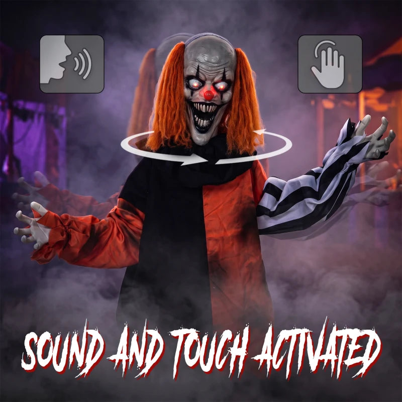 Sound-activated Halloween clown animatronic with glowing red eyes, orange hair, raised hand