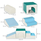 Illustrated 4-piece foam play set with teal, white, and light blue blocks and sizes