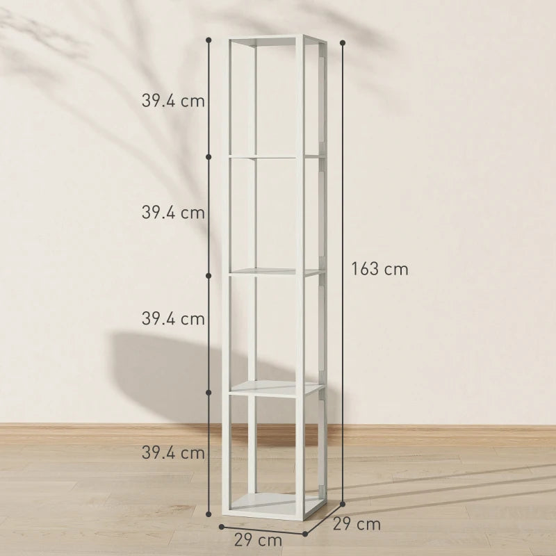 Floor-standing shelf floor lamp in light wood, tall rectangular open-frame design
