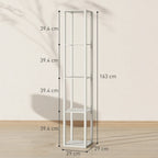 Floor-standing shelf floor lamp in light wood, tall rectangular open-frame design