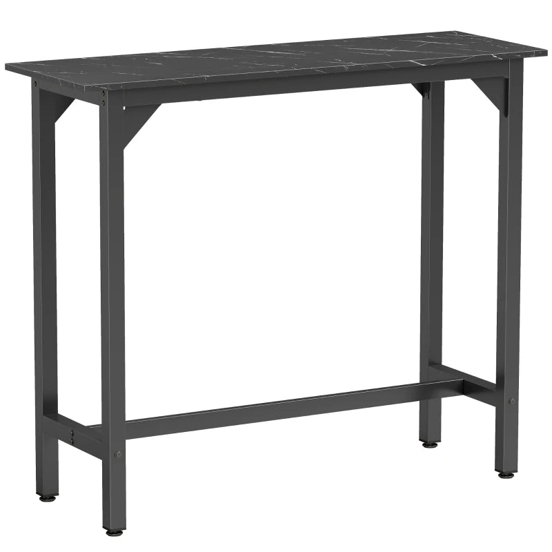 Black marble-effect rectangular bar table with open metal frame and four legs