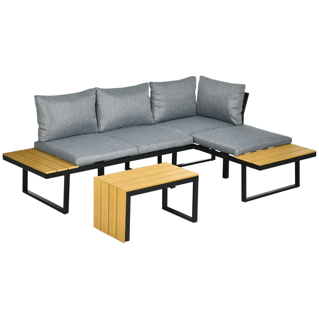 3 Pieces Patio Furniture Set, Outdoor Garden Sofa Conversation Set w/ Padded Cushions, Wood Grain Plastic Top Table and Side Panel, Dark Grey - Bobobiy