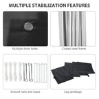Black pop up gazebo stabilization set with coated steel frame, drain holes, stakes, sandbags