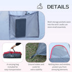 Blue and grey tent wall with mesh storage pocket, ground stakes and carry bag