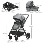 Grey foldable baby stroller with reclining seat, shown with size measurement lines