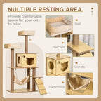 Cat tree with multiple rest areas: bed, perches, condo house, and hanging hammock